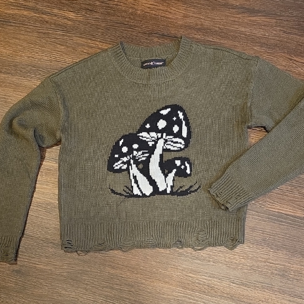 Almost Famous Olive Sweater with Mushroom Motif Size S